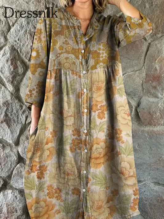 Retro Boho Floral Art Print Vintage Chic V-Ausschnitt Mit Knöpfen Nach Oben Langarm Midi-Kleid A / S