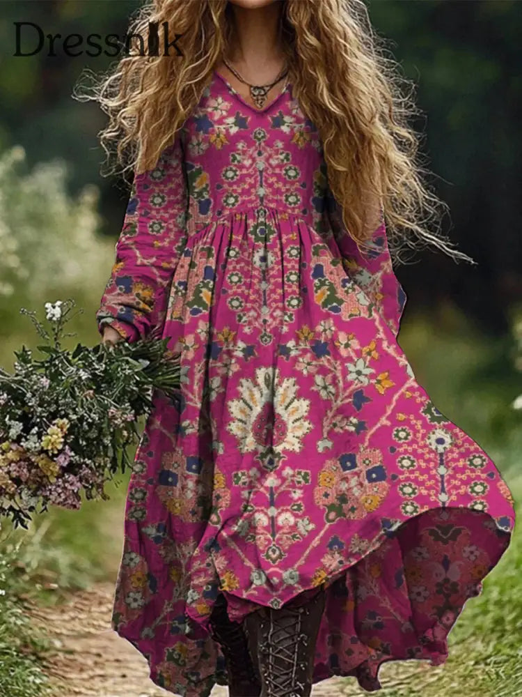 Retro Boho Floral Botanik Print Vintage Chic V-Ausschnitt Baumwolle Langarm Midi-Kleid A / S