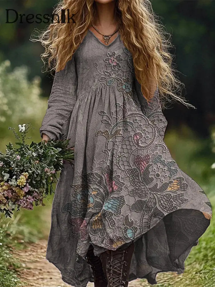 Retro Boho Floral Botanik Print Vintage Chic V-Ausschnitt Baumwolle Langarm Midi-Kleid A / S