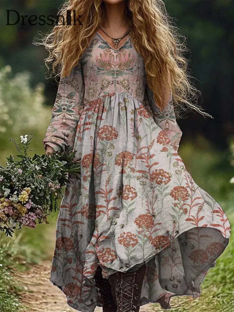 Retro Boho Floral Botanik Print Vintage Chic V-Ausschnitt Baumwolle Langarm Midi-Kleid A / S