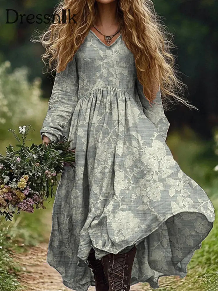 Retro Boho Floral Botanik Print Vintage Chic V-Ausschnitt Baumwolle Langarm Midi-Kleid A / S