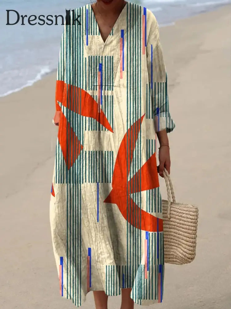 Retro Boho Geometrisch bedrucktes Vintage-Kleid mit V-Ausschnitt lässig mit langen Ärmeln A / S