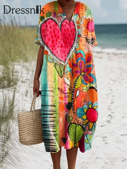 Retro Boho Mit Blumen Bedrucktem V-Ausschnitt Vintage Baumwolle Lose Lange Ärmel Midi-Kleid A / S