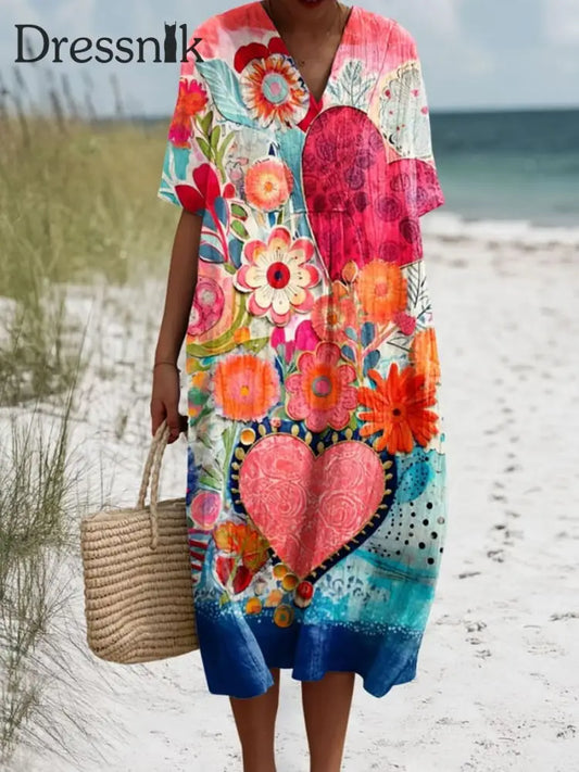 Retro Boho Mit Blumen Bedrucktem V-Ausschnitt Vintage Baumwolle Lose Lange Ärmel Midi-Kleid A / S