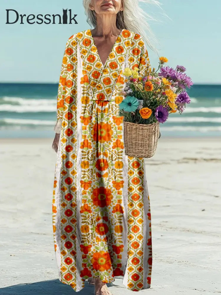 Retro Boho Mit Blumen Bedrucktem V-Ausschnitt Vintage Lose Lange Baumwoll Ärmel Midi-Kleid A / S