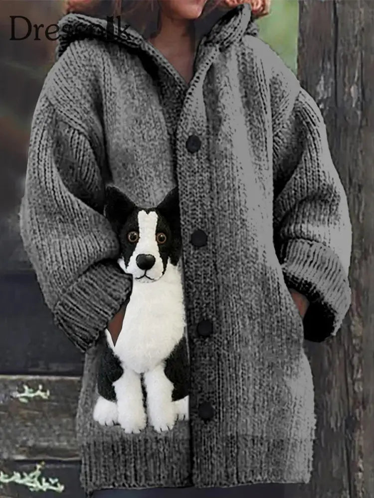 Retro Border Collie Dog Lover Print Mit Knöpfen Dick Lang Ärmelig Strickjacke Kapuze A / S