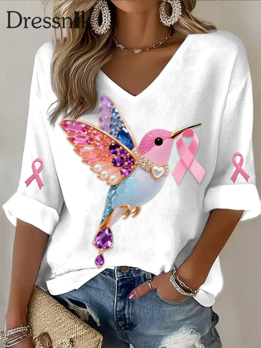 Retro Breast Cancer Pearl Diamant Mehrfarbiger Kolibri Abstrakt Print Lässiges Baumwoll waffel Langarm T Shirt Weiß / S