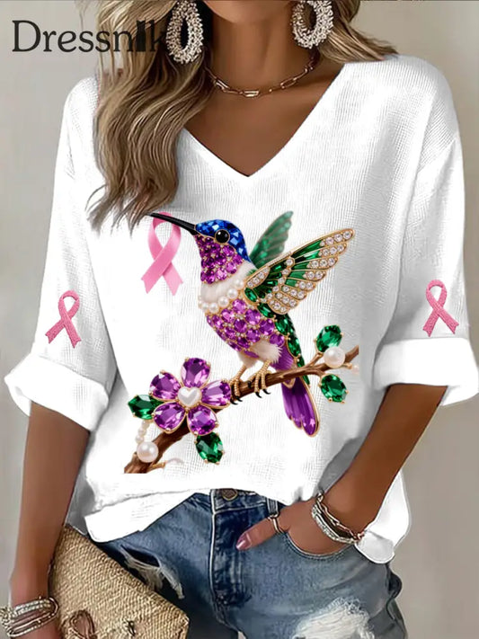 Retro Breast Cancer Pearl Diamant Mehrfarbiger Kolibri Abstrakt Print Lässiges Baumwoll waffel Langarm T Shirt Weiß / S