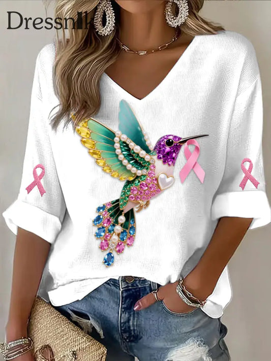 Retro Breast Cancer Pearl Diamant Mehrfarbiger Kolibri Abstrakt Print Lässiges Baumwoll waffel Langarm T Shirt Weiß / S