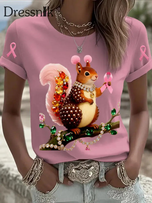 Retro Brustkrebs Perlen Schmuck Eichhörnchen Druck bequemes lässiges Kurzarm T Shirt aus Baumwolle Weiß / S