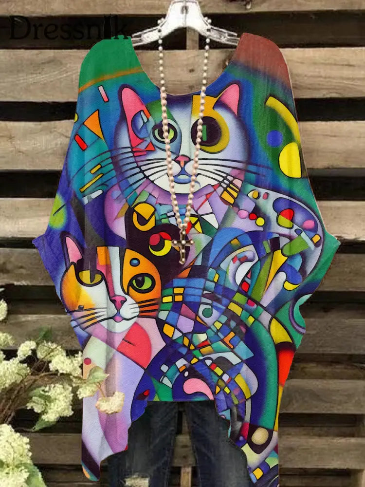 Retro Bunte Katze Kunst Langarm Lässig Locker Top