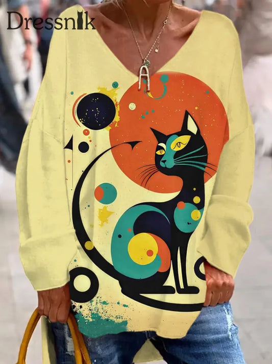 Retro Bunte Katze Kunst V-Ausschnitt Pullover Lang Ärmel Iges Top