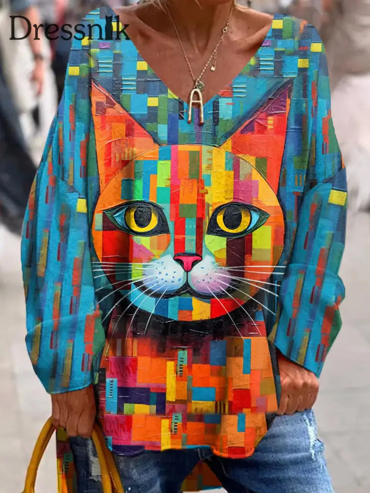 Retro Bunte Katze Kunst V-Ausschnitt Pullover Lang Ärmel Iges Top