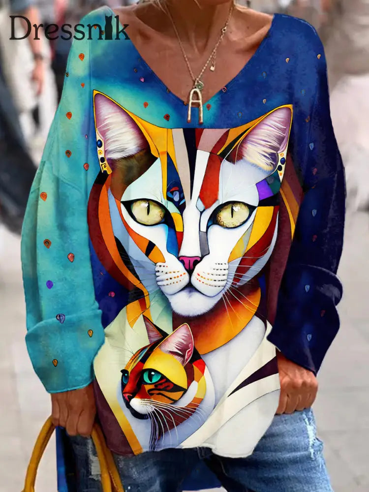 Retro Bunte Katze Kunst V-Ausschnitt Pullover Lang Ärmel Iges Top