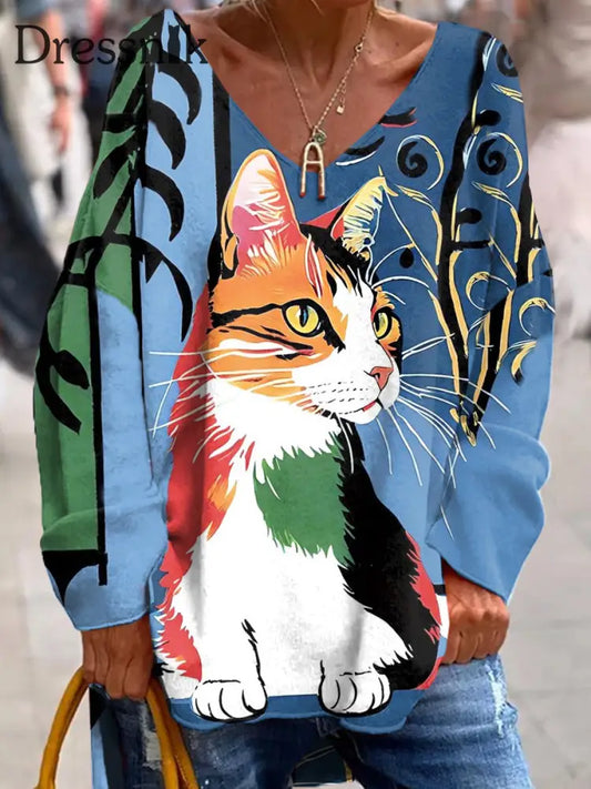 Retro Bunte Katze Kunst V-Ausschnitt Pullover Lang Ärmel Iges Top