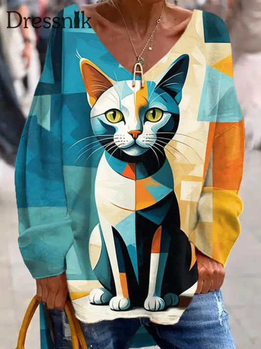 Retro Bunte Katze Kunst V-Ausschnitt Pullover Lang Ärmel Iges Top