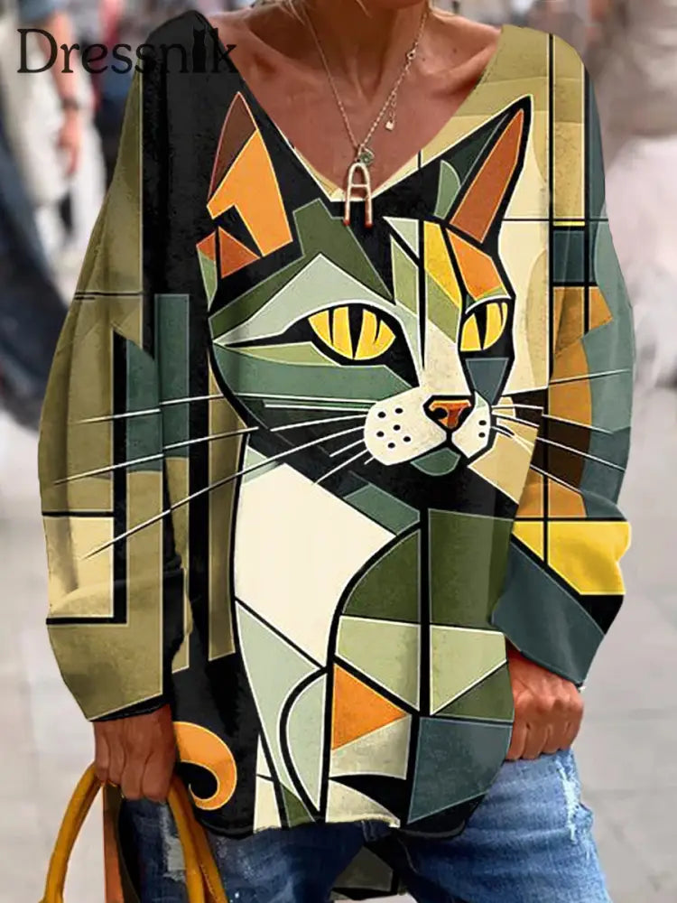 Retro Bunte Katze Kunst V-Ausschnitt Pullover Lang Ärmel Iges Top