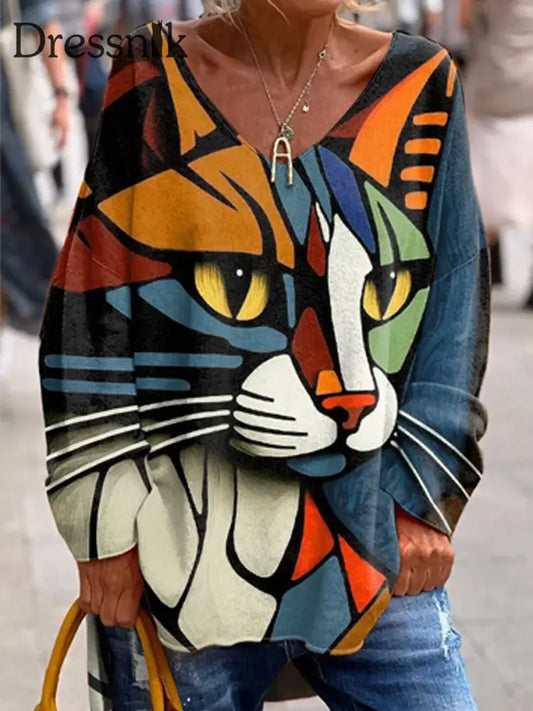 Retro Bunte Katze Kunst V-Ausschnitt Pullover Lang Ärmel Iges Top