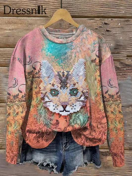 Retro Bunte Katze Kunstdruck Mode Rundhals Langarm Top