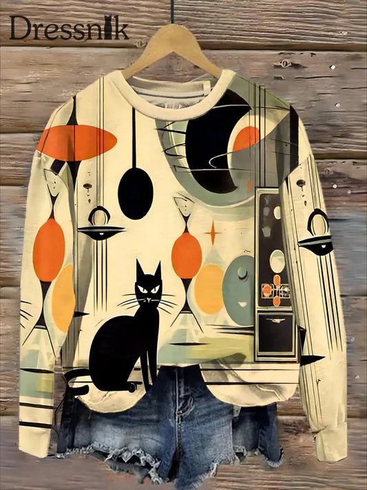 Retro Bunte Katze Kunstdruck Mode Rundhals Pullover Langarm Lange Sweatshirt