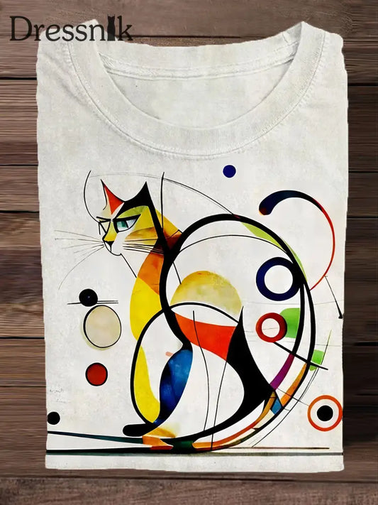 Retro Bunte Katze Kunstdruck Mode Rundhals T-Shirt