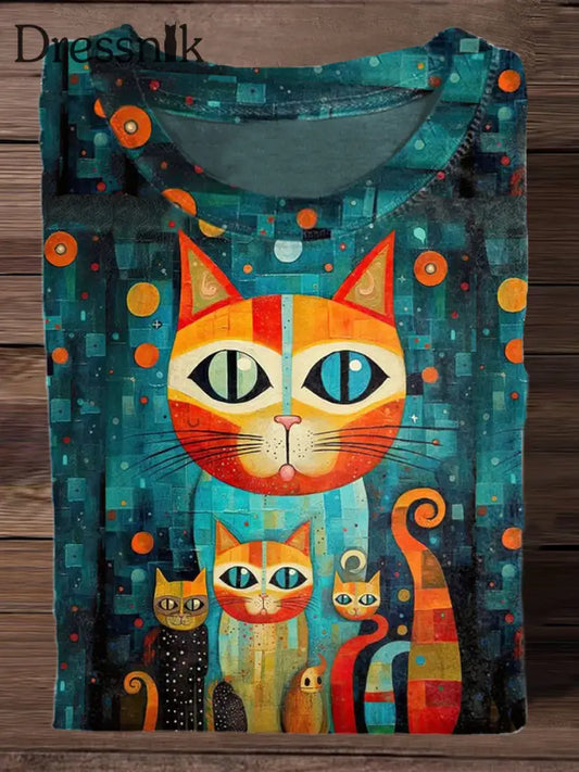 Retro Bunte Katze Kunstdruck Mode Rundhals T-Shirt