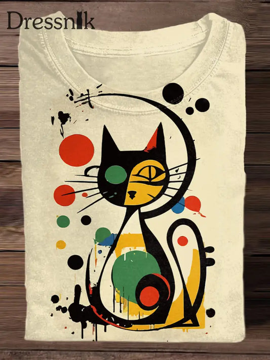 Retro Bunte Katze Kunstdruck Mode Rundhals T-Shirt