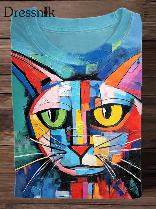 Retro Bunte Katze Kunstdruck Mode Rundhals T-Shirt