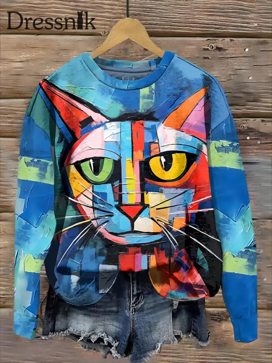 Retro Bunte Katze Kunstdruck Modische Rundhals Pullover Langarm Top