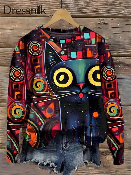 Retro Bunte Katze Kunstdruck Modische Rundhals Pullover Langarm Top