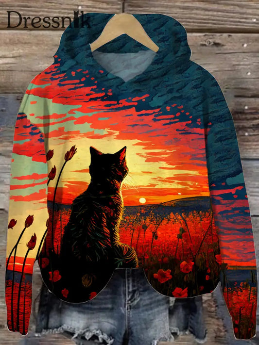 Retro Cat Art Print Freizeit Langarm Kapuzen Sport Top A / S