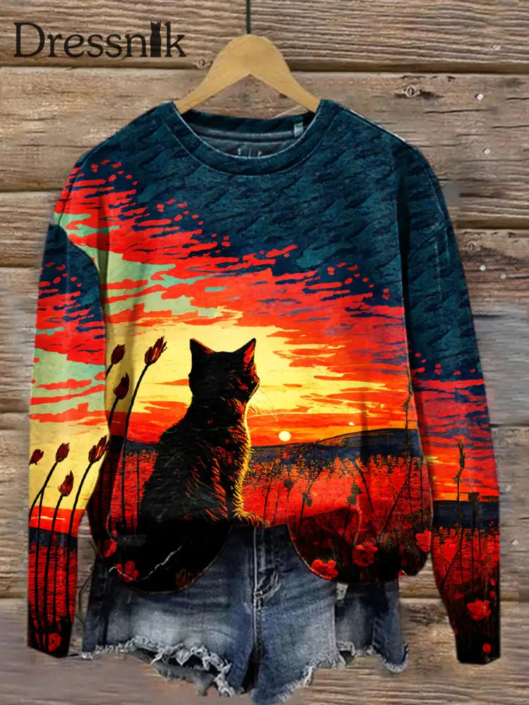 Retro Cat Art Print Freizeit Rundhals Langarm Sport Top A / S