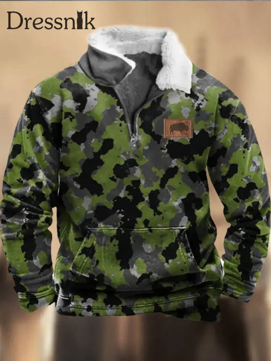 Retro Cowboy Camouflage Muster Bedruckt Western Pelz Kragen V-Ausschnitt Outdoor Dickes Sweatshirt