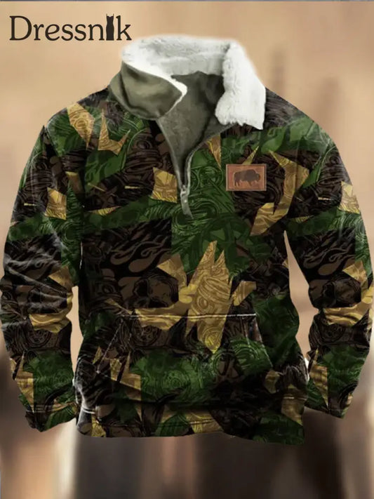 Retro Cowboy Camouflage Muster Bedruckt Western Pelz Kragen V-Ausschnitt Outdoor Dickes Sweatshirt