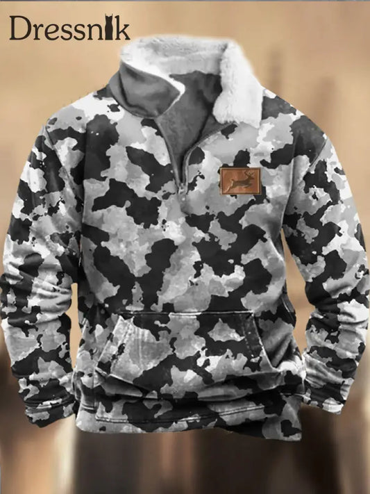 Retro Cowboy Camouflage Muster Bedruckt Western Pelz Kragen V-Ausschnitt Outdoor Dickes Sweatshirt