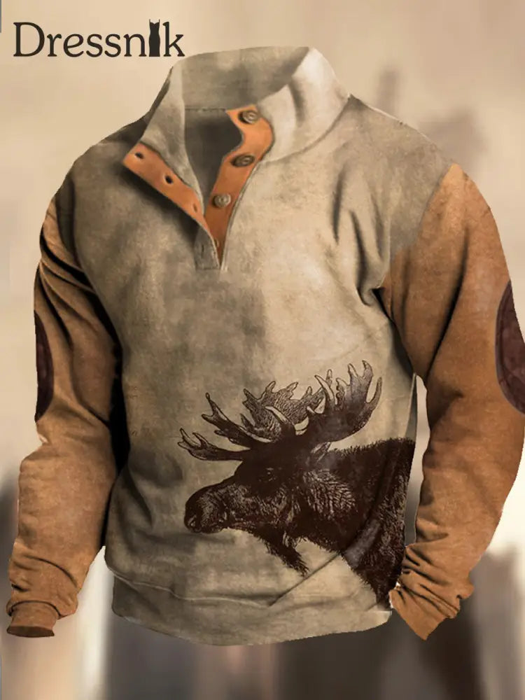 Retro Cowboy-Muster Bedruckt Western Vintage Henry Button V-Ausschnitt Outdoor Dickes Sweatshirt A