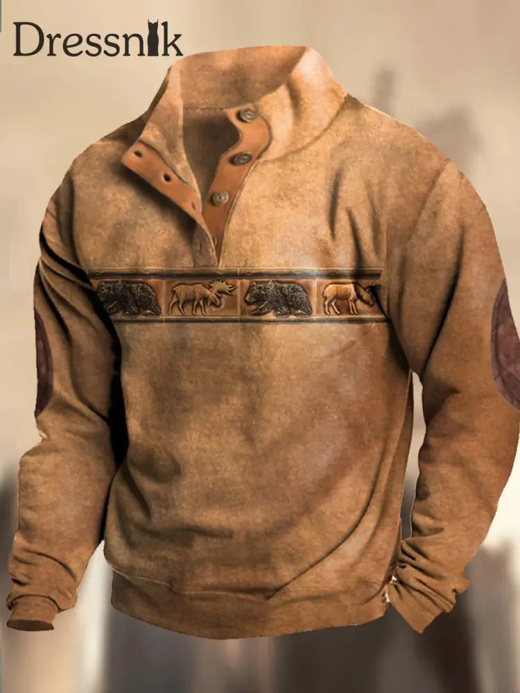 Retro Cowboy-Muster Bedruckt Western Vintage Henry Button V-Ausschnitt Outdoor Dickes Sweatshirt A