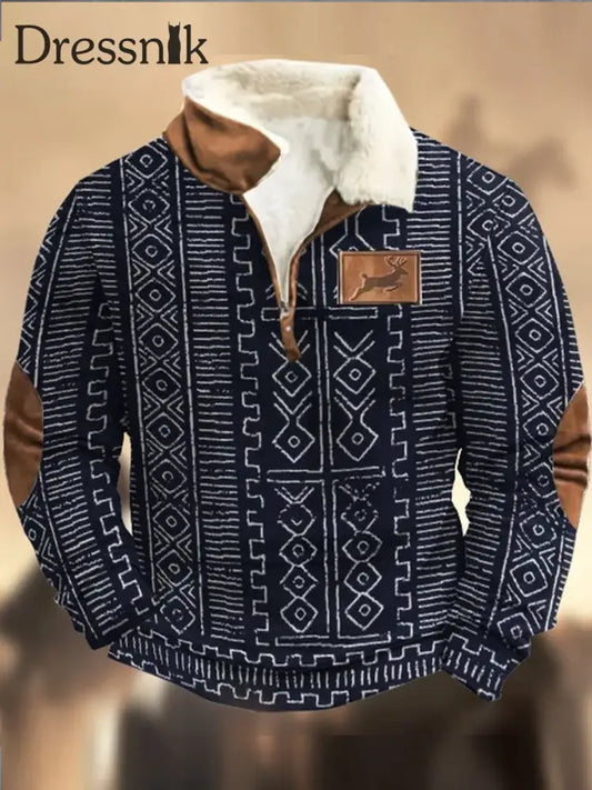 Retro Cowboy Textur Muster Gedruckt Western Furry Revers Reiß Verschluss V-Ausschnitt Outdoor