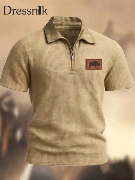 Retro Dad Jagd Logo Waffel Textur Muster bedrucktes Dorf V-Ausschnitt Reiß verschluss Kurzarm Hemd A / S