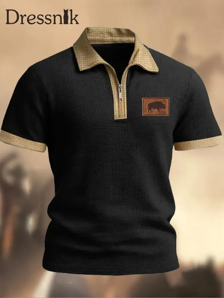 Retro Dad Jagd Logo Waffel Textur Muster bedrucktes Dorf V-Ausschnitt Reiß verschluss Kurzarm Hemd B / S