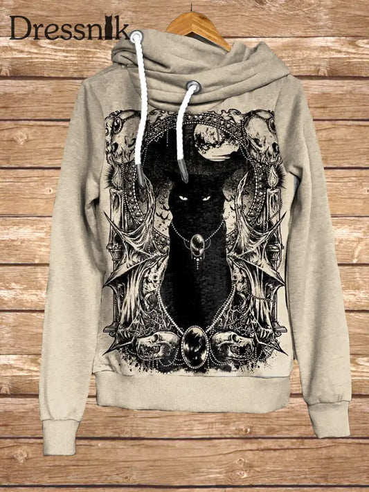 Retro Dark Cat Kunstdruck Mode Kapuzen-Sweatshirt Mit Langen Ärmeln