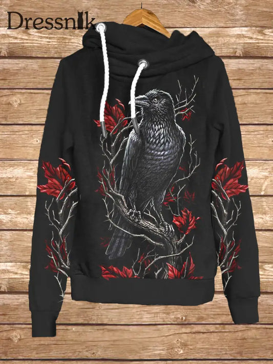 Retro Dark Crow Kunstdruck Mode Kapuzen-Sweatshirt Mit Langen Ärmeln