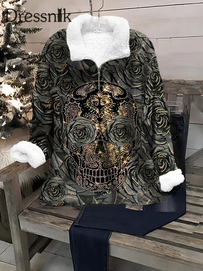 Retro Dark Punk Glitzer Skull Kunstdruck Modische Revers Plüsch Lang Ärmel Iges Top