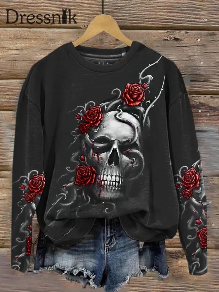 Retro Dark Punk Skull Print Modische Rundhals Pullover Lang Ärmel Iges Oberteil