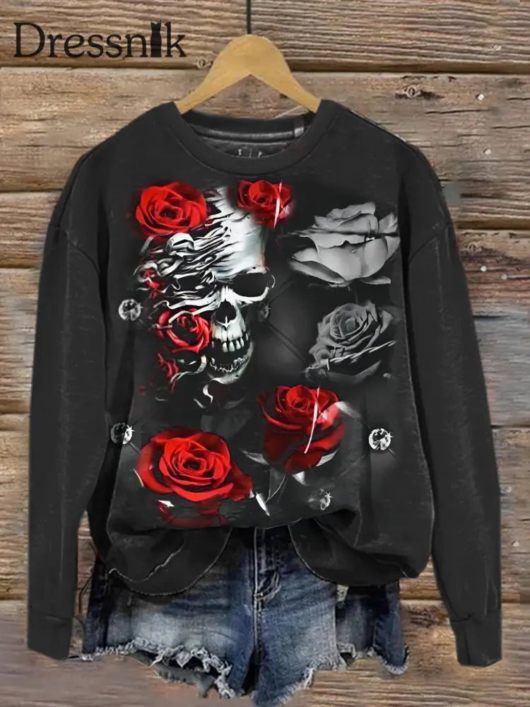 Retro Dark Punk Skull Print Modische Rundhals Pullover Lang Ärmel Iges Oberteil