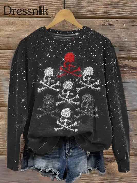 Retro Dark Punk Skull Print Modische Rundhals Pullover Lang Ärmel Iges Oberteil