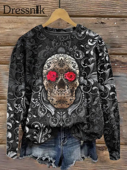 Retro Dark Punk Skull Print Modische Rundhals Pullover Lang Ärmel Iges Oberteil