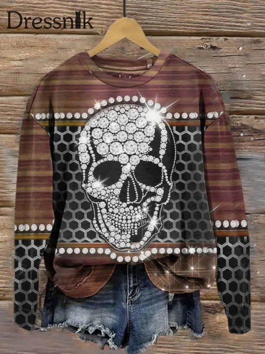 Retro Dark Punk Skull Print Modische Rundhals Pullover Lang Ärmel Iges Oberteil