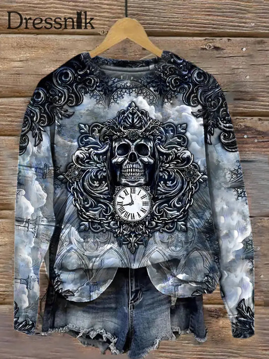 Retro Dark Punk Skull Print Modische Rundhals Pullover Lang Ärmel Iges Oberteil