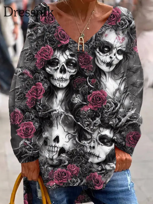 Retro Dark Punk Skull Print Modische V-Ausschnitt Pullover Lang Ärmel Iges Oberteil